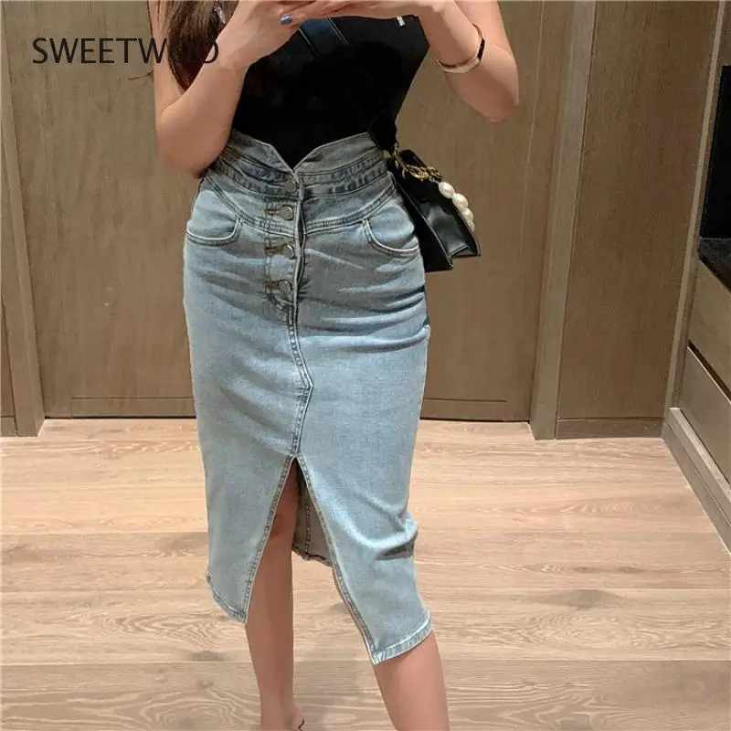 

2021 autumn high-waist pencil skirt-style splash front elastic button wrap sexy female mid-length skirt
