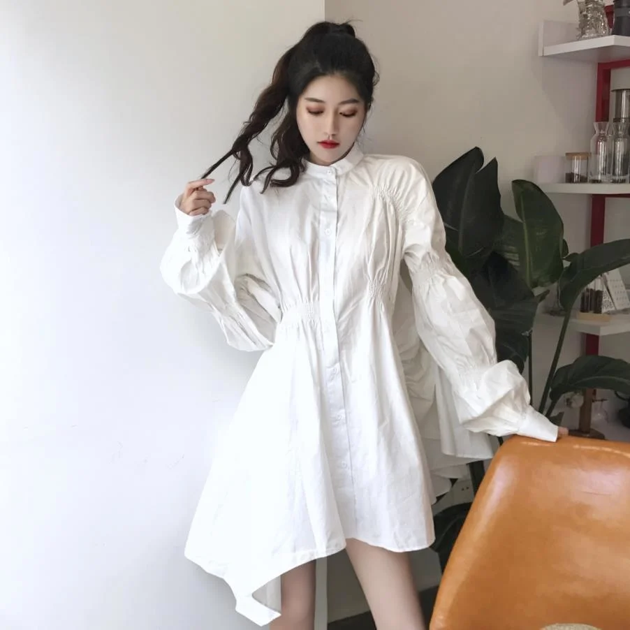 

Korean shirt loose medium length top long sleeve irregular white shirt dress autumn women 2021 NEW