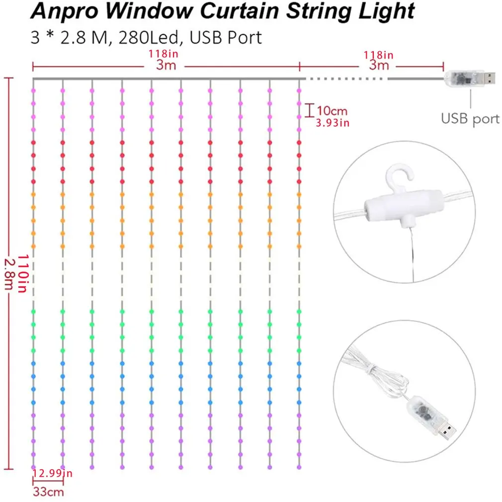 

3x2.8M Rainbow Curtain Lights LED String Garland Fairy Icicle Decorative Lights for Christmas Party Bedroom Wall Wedding Decor