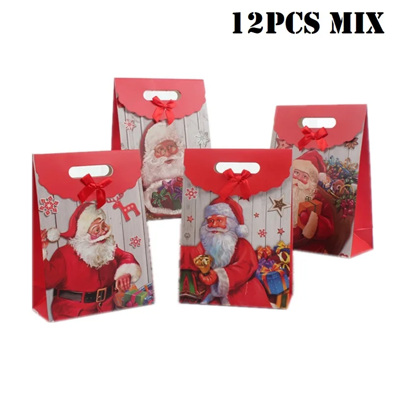 F 12pcs mix 12 шт./компл. ярко-красного цвета с рисунком Санта Клауса, большие сумки, Reutilizables Веселый Рождественский подарок сумки Бумага рождественские конфеты сумка с ручками - Цвет: F 12pcs mix