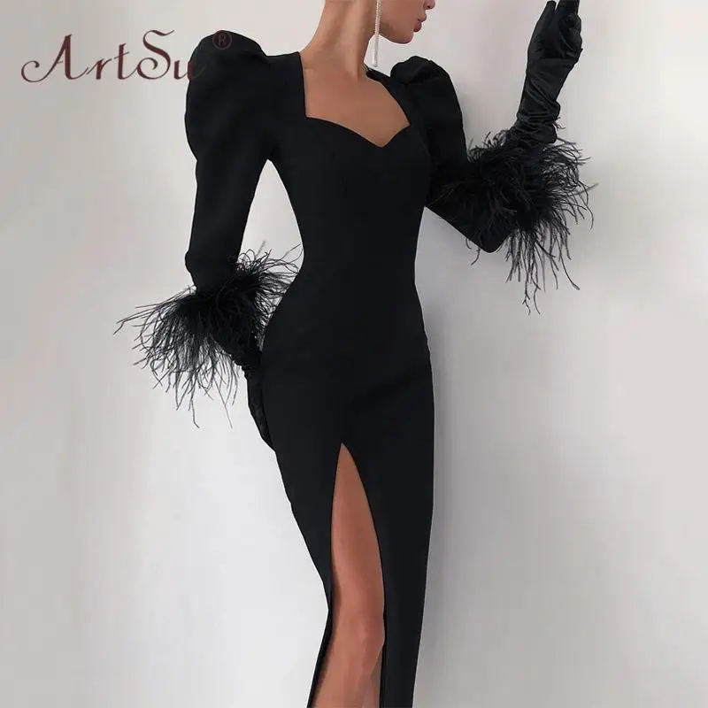 

ArtSu Women Fashion Sexy High Split Bodycon Dress Ladies Square Collar Puff Sleeve ​Elegant Party Slim Dresses Autumn ANDYDR212