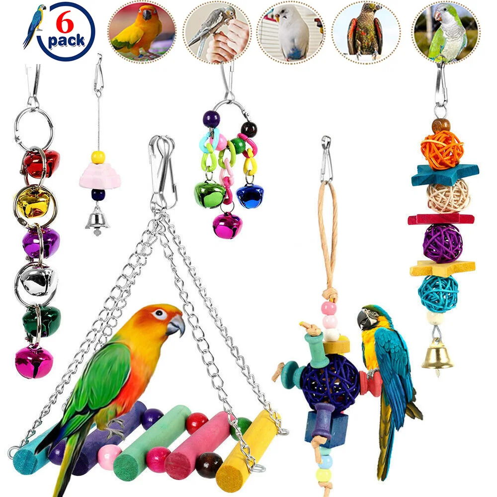 

6Pcs Pet Bird Parrot Bite Toys Set Swing Claw ball Bell string Hanging Toys