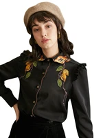 2022 autumn and winter women vintage fawn embroidery ruffle shirt
