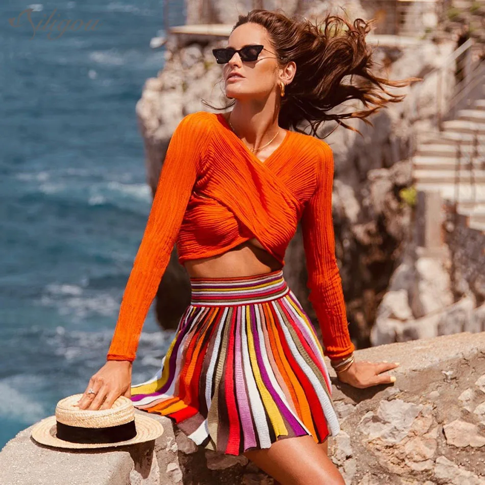 Женский комплект из двух предметов Ailigou оранжевая бандажная юбка в полоску с