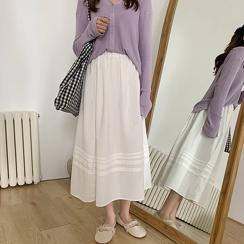 

HziriP Skirt For Women 2021 New Solid Cotton High Waist A-line Elastic-Waist High Quality All Match Female Students Thin Skirts