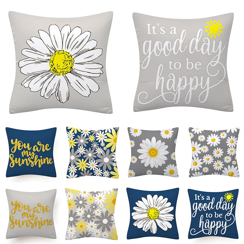

45*45cm Grey Yellow Daisy Print Cushion Cover Sofa Car Home Decor Polyester Pillow Case Office Decorative Throw Pillow Cover