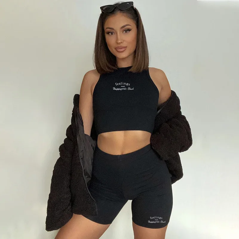 

Summer Biker Shorts 2 Piece Set Women Black Letter Print Tank Top and Shorts Yoga Tracksuit Sports Vetement Femme 2021