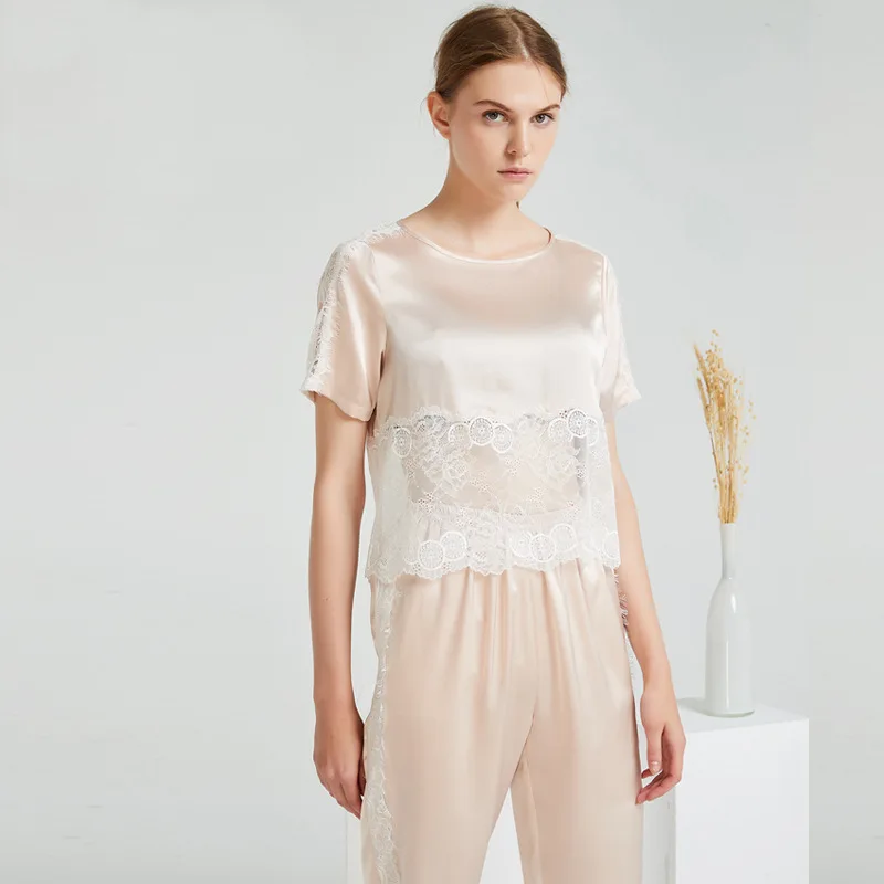 100% Real Mulberry Silk Pajamas High-End Women's Pyjamas Lady Lace Sexy Sleepwear Set Soft Short Sleeve Casual Pijamas Home Wear