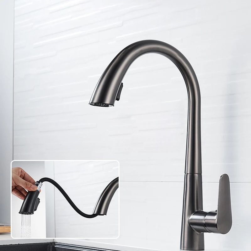 Кухонный смеситель гибкий кран серого цвета для раковины с горячей и холодной