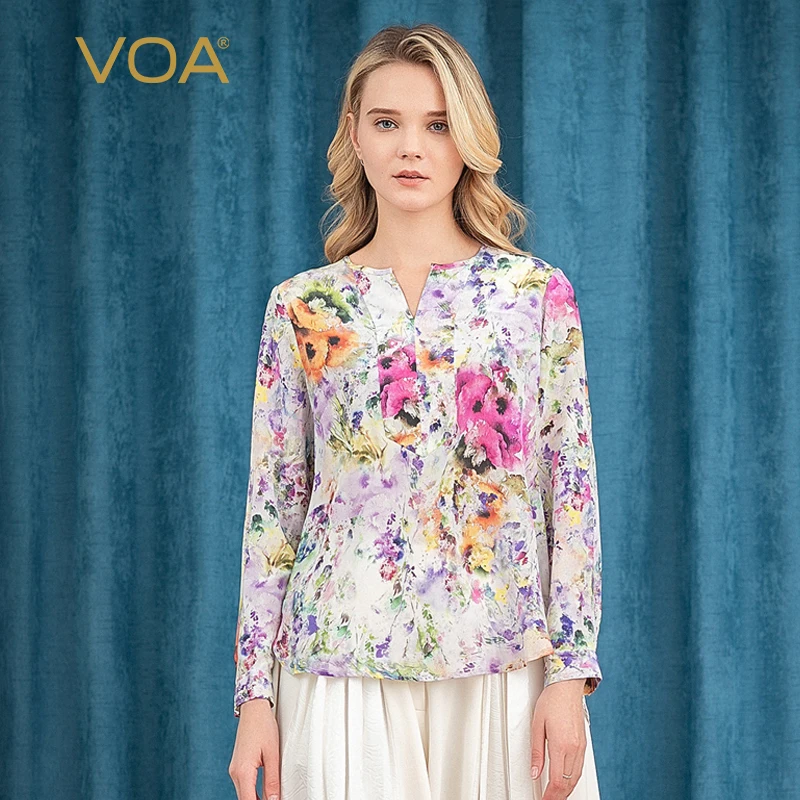 VOA Классическая 2017 летняя розовая красная шелковая футболка с длинным рукавом