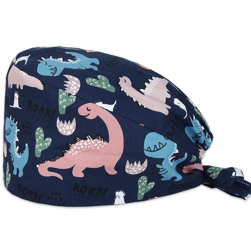 

Cartoon Dinosaur Scrub Caps Pattern Dental Nursing Veterinary Print Scrubs Hat Women Men 100% Cotton Beautician Chef Skull Cap