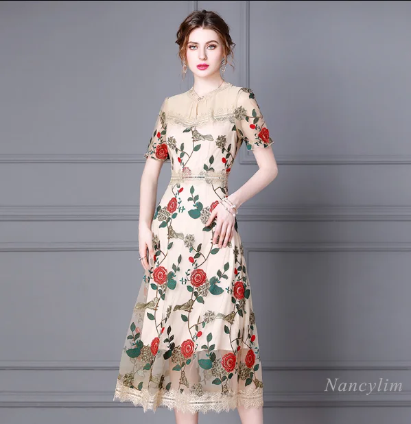 

Fashion Embroidered Flower Dress for Woman 2021 Summer New Round Neck Short Sleeve Mid-Length Dresses Lady Vestidos