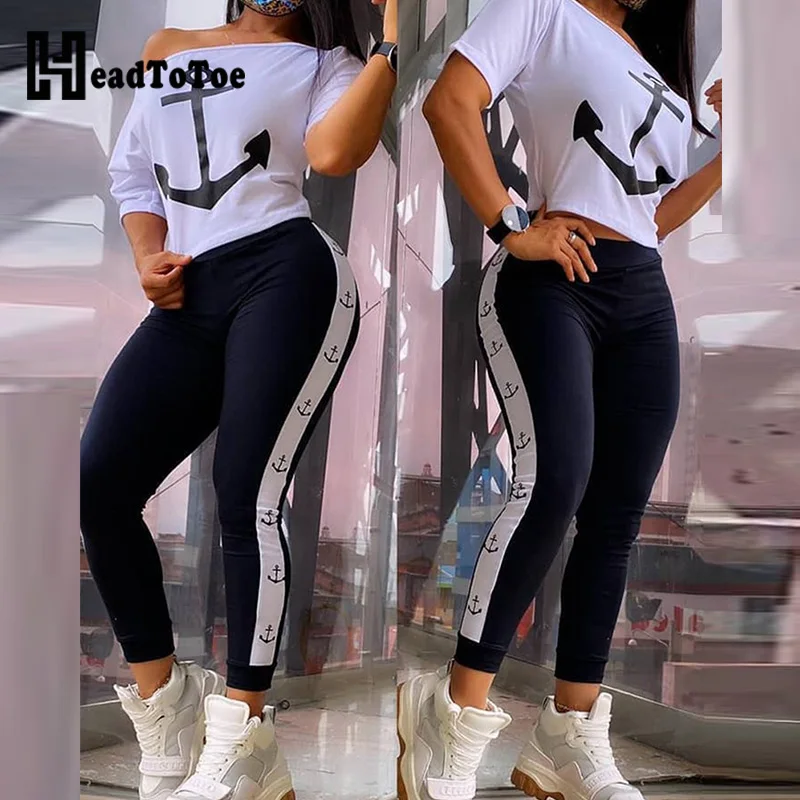 

Anchor Print Short Sleeve Top & High Waist Pants Set Women Two Piece Set