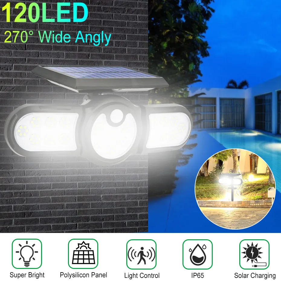 

112 120 140 LED Solar Powered Wall Light With Ground Plug IP65 Waterproof PIR Motion Sensor Outdoor Garden Street Lighting