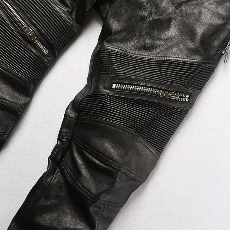 

Brand Men Sheepskin Skinny Pants Casual Biker 100% Real Leather Trousers Streetwear Pleated Zipper Punk Black Pants Plus Size