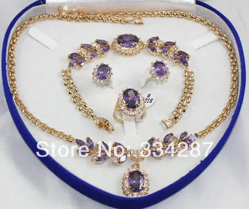 

Lovely Sets Purple amethysts pendant necklace bracelet earring Stud Ring jade crystal
