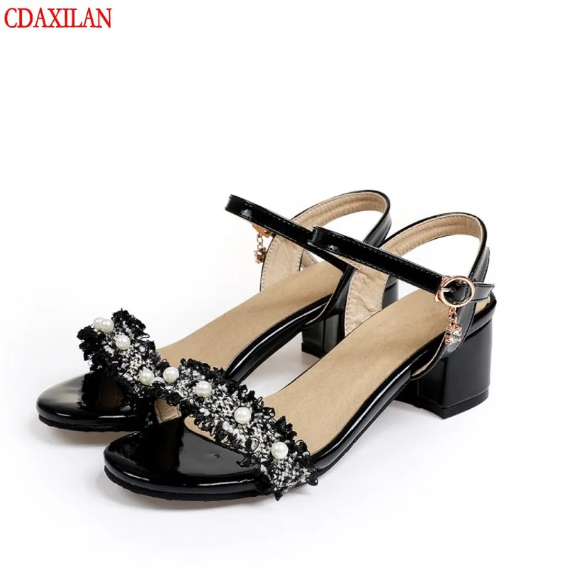 

New arrivals sandals women's soft PU leather open toe Mid-heels buckle strap square heels sandals sweet ladies summer shoes
