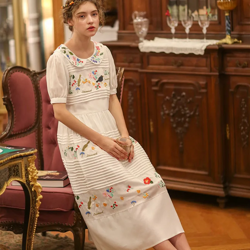 

Платье женское хлопковое средней длины с вышивкой, Элегантное повседневное свободное белое платье в винтажном французском стиле девушки и...