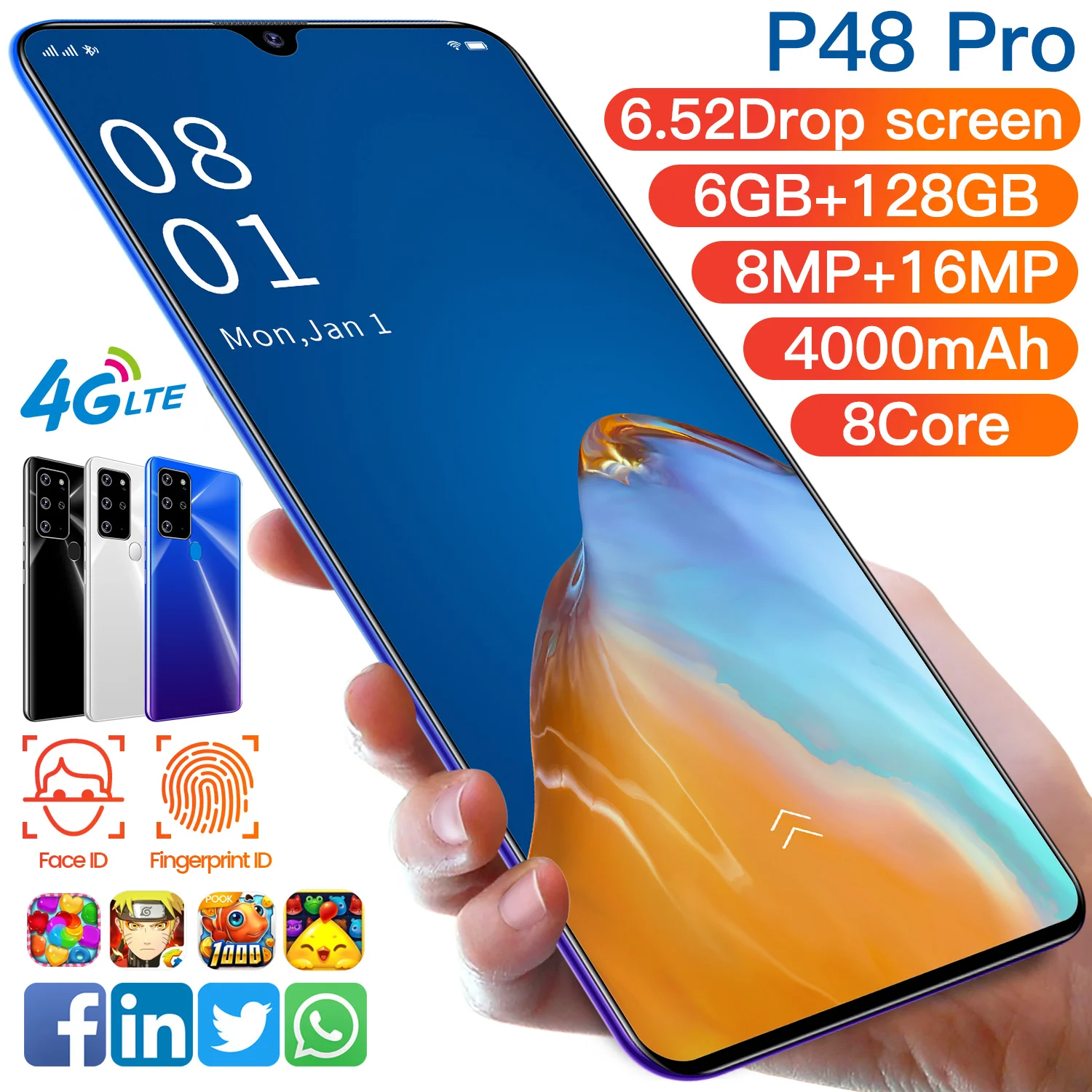 

P48 Pro New Galxy Face Fingerprint ID Dual SIM+SD Mobile Smart Phone 6+128GB 8Core 6.52 Inch Cell Phone 8+16MP Global Version 4G