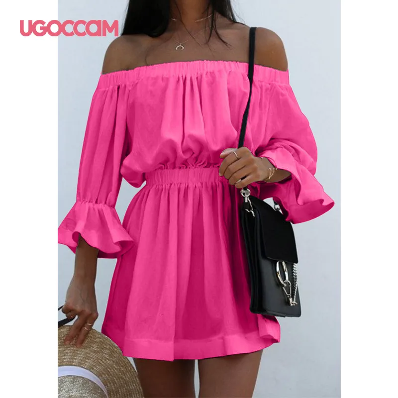 UGOCCAM женская летняя обувь сексуальное платье с открытыми плечами Пляжное Платье