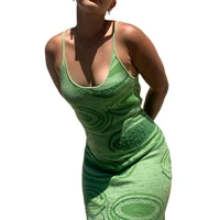 2022 2022 print knit bodycon dress women green sexy summer hollow out sexy sleeveless spaghetti strap beach midi dresses party