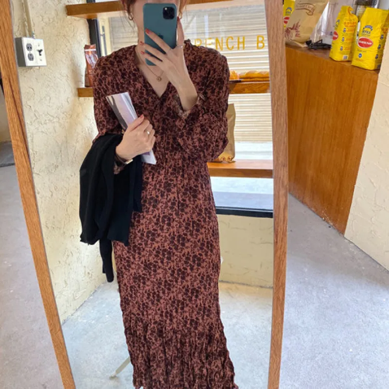 

YAMDI midi dress women korean high elastic waist v neck bottom hem 2020 spring autumn long sleeve slim a-line ruched dress femal