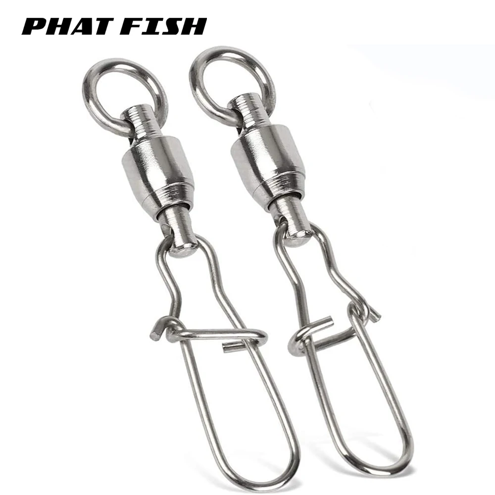 PHAT FISH 50pcs Copper Ball Bearing Swivels with Stainless Steel Nice Snaps Line Lures Connecters Up 100kg Fishing Accessories