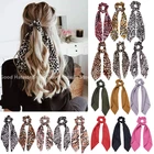 Резинка для волос с бантом и леопардовым принтом женская, длинный атласный шарф для хвоста, эластичная резинка для волос для девочек, аксессуары для волос