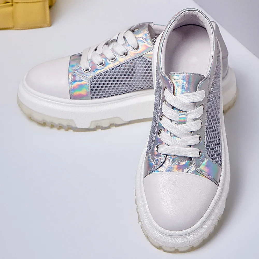 

Women's genuine leather mesh patchwork lace-up platform flats sneakers summer breathable casual female espadrilles daily shoes