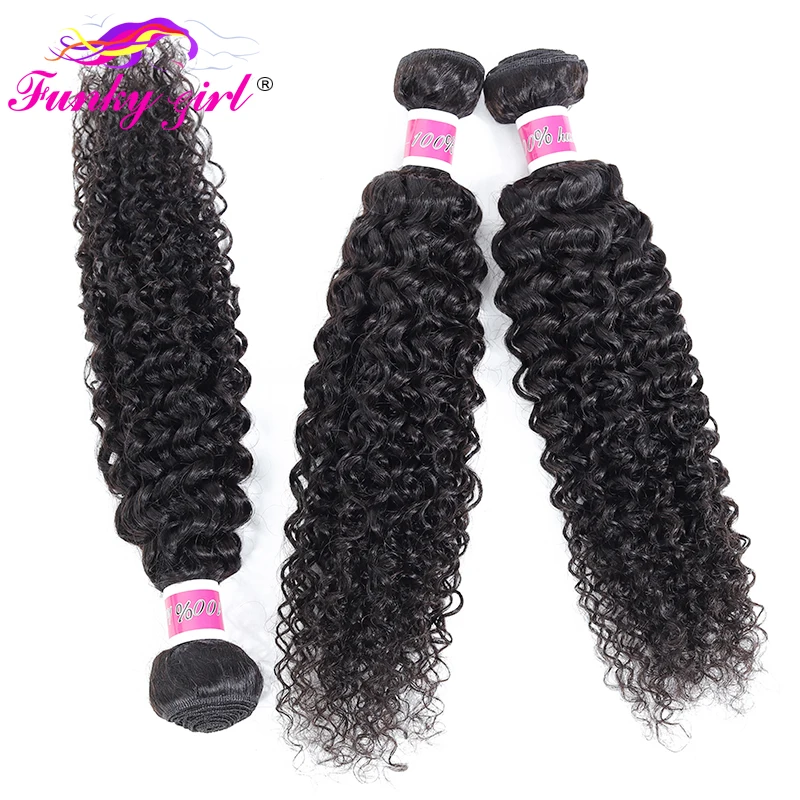 Funky Girl Malaysia Kinky Curly Hair 3 or 4 Bundles with Closure Free Part Human Weave With Non-Remy | Шиньоны и парики