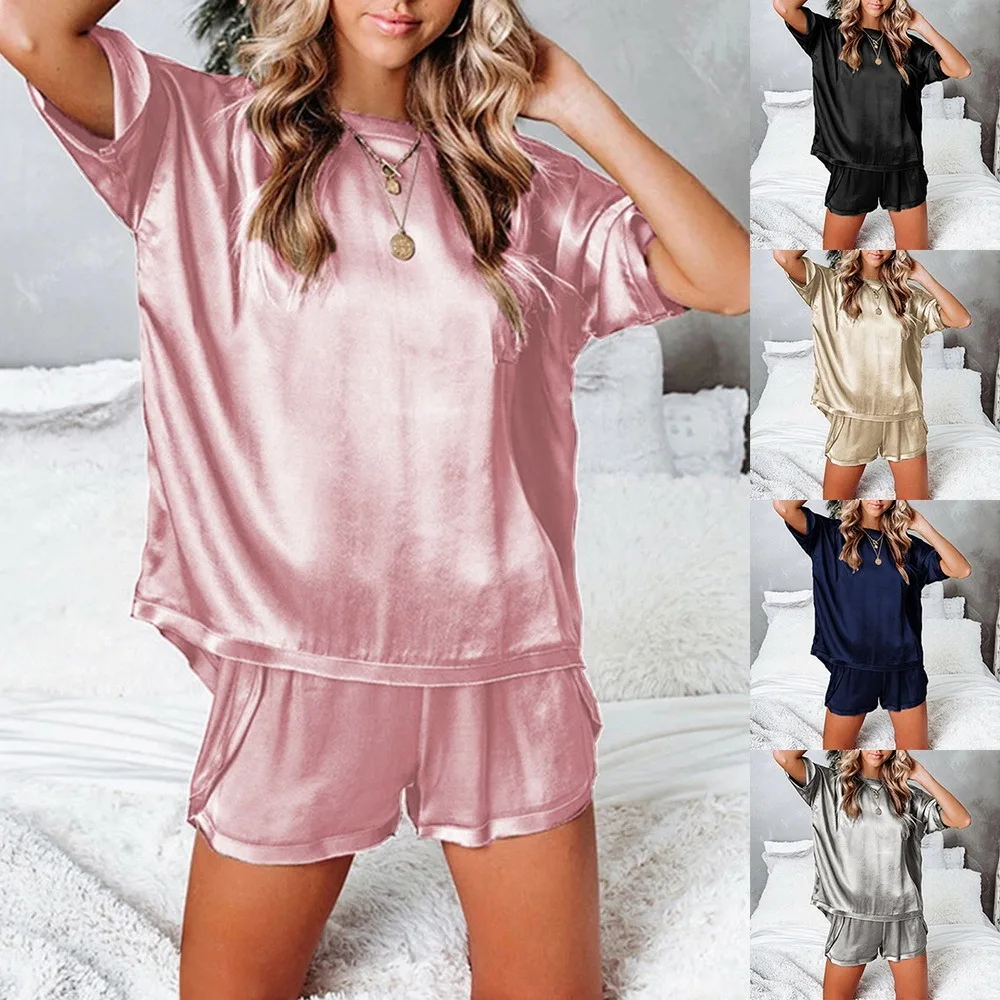 

2021 Summer Women Silk Pajamas Set Pure Color Leisure Nightwear Short Sleeve & Shorts Suit Sleepwear Pijama Nightie Home Clothes