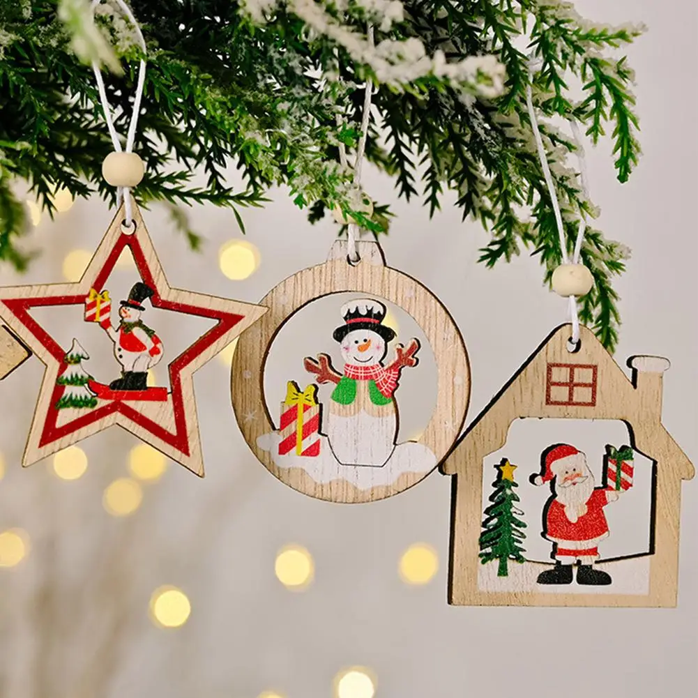 

12 PCS Hanging Ornament Christmas Wooden Christmas Pendants Cutout Snowflake Snowman Decor Christmas Gift For Kids Children