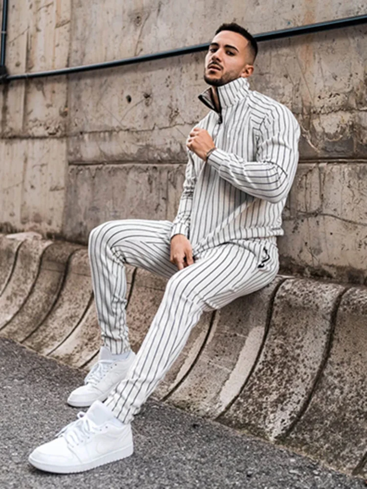 

2021 New Spring Autumn Stripe Leisure Sports Suit Men Fitness Running Long Sleeve Hoodie Slim Trousers 2 Pieces Sets