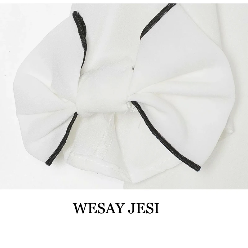 

WESAY JESI Women's T-shirts New Fashion 2021 Summer & Summer Tide Tops V-neck Splicing Short Sleeve Bow Loose Fit Simple Style