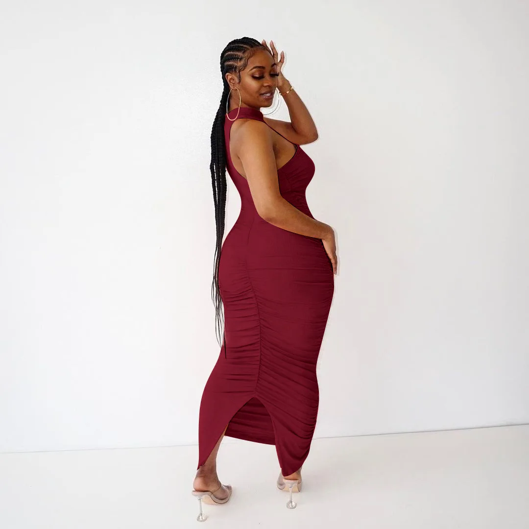 

Sleeveless Skinny Pleated Stacked ruched Split Midi Long Dress Bodycon Fitness Vintage Elegant Dresses Summer Vestidos vestidos