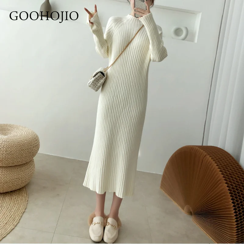 

GOOHOJIO 2021 New Autumn Winter Sweater Dress Women All-match Half High Collar Dress for Women Temperament Women Sweater Dresses