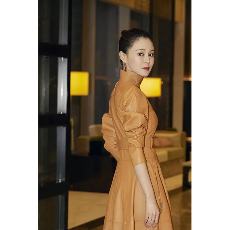 

Women Coat Natural 100% Winter Fashion Sheepskin Genuine Leather Long Windcoat Female Outwear Belt Decoration