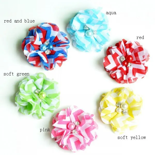 S New Hot Lovely Handmade Chic Striped Fabric Chiffon Rhinestone Flowers For Baby Girls Hair Accessories