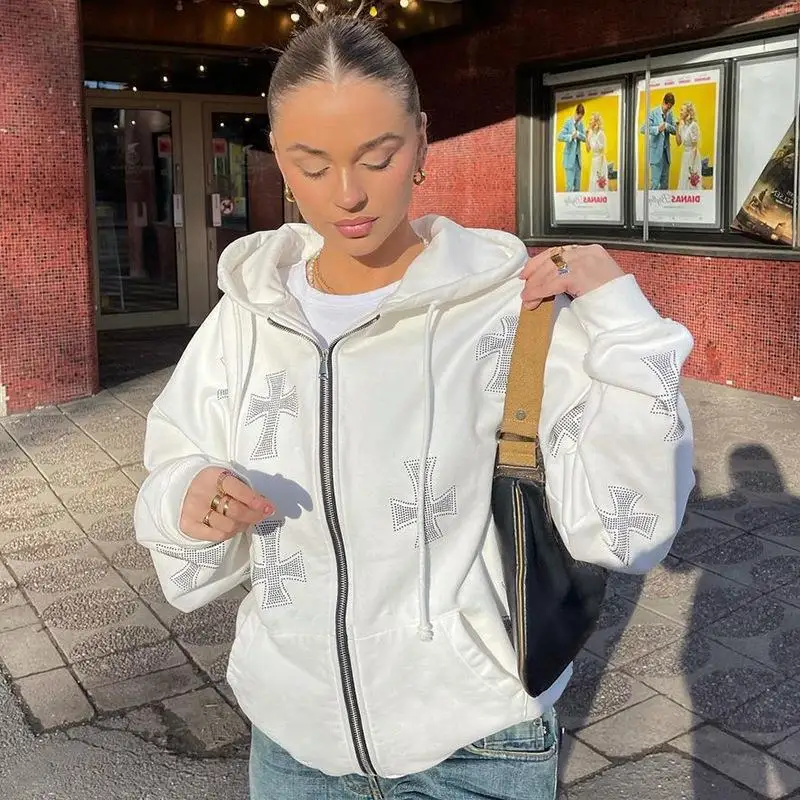 Hip Hop Hoodie Sweatshirt Korean Fashion Punk Grunge Sport Coat Rhinestone Gothic Long Sleeve Women Zip Hoodie Y2k Jacket