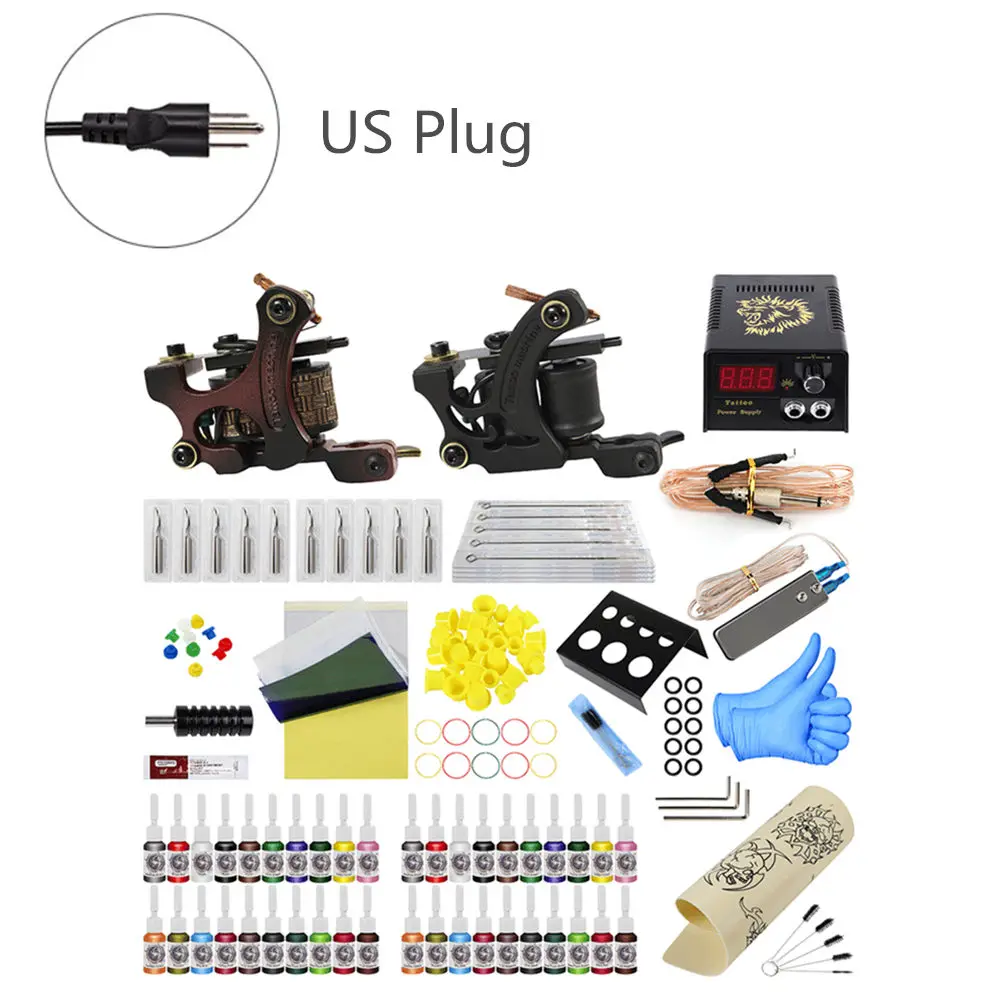 US Plug Полный набор, профессиональная тату-машинка, набор, 2 катушки, тату-иглы для боди-арта, 40 цветов, чернила, источник питания - Цвет: US Plug