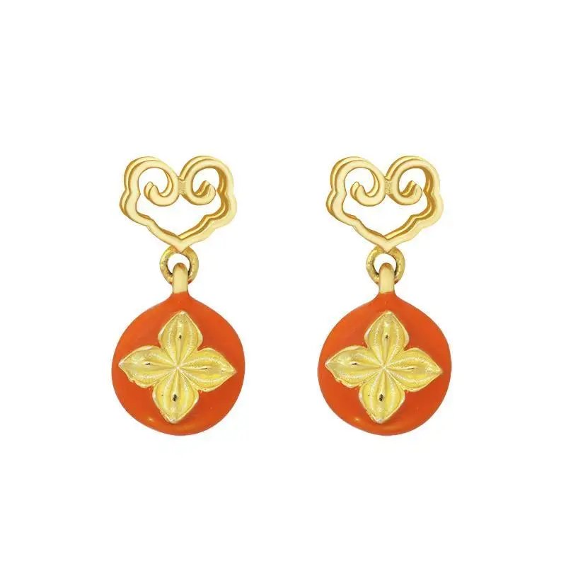 

Lucky Persimmon Xizhu Original Design Chinese Style Art Happy Cute Persimmon Ruyi Sterling Silver Gold-Plated Stud Earring