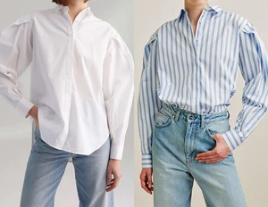 Женская хлопковая блузка свободного покроя с синими вертикальными полосками и рукавами-фонариками