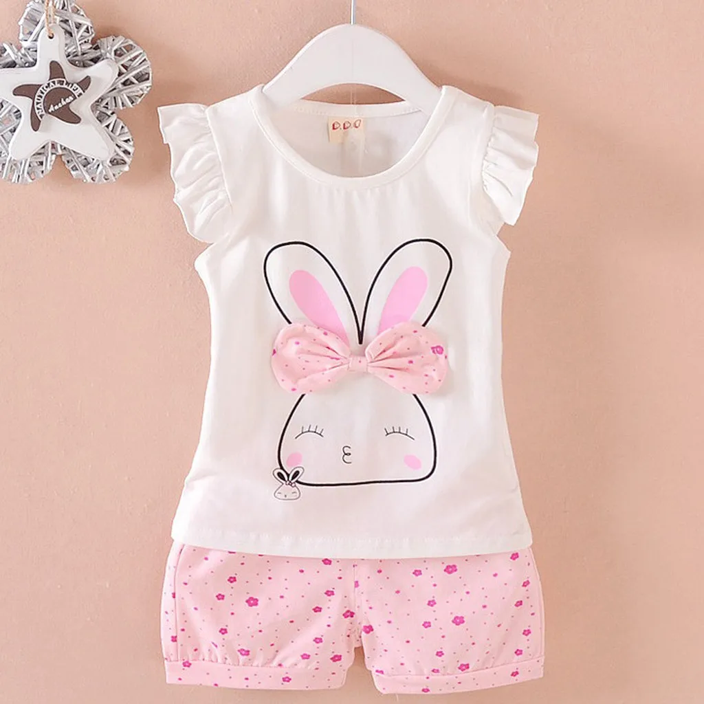 

Baby Girls Clothes Sets Toddler Baby Kids Girls Summer Fly Sleeve Rabbit Bow Tops Dot Short Casual Outfit Set Girls Clothes Suit