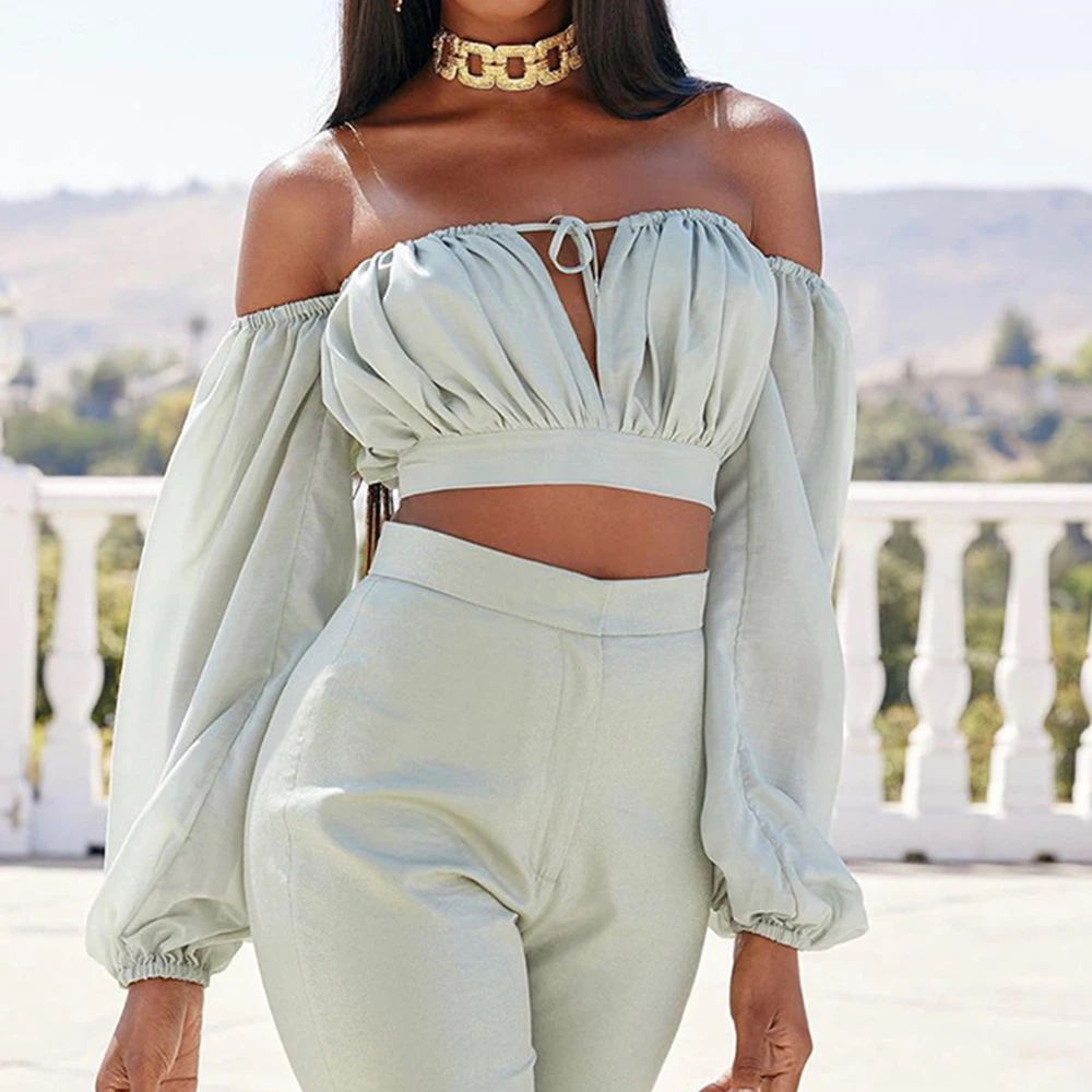 Сексуальный женский короткий топ с открытыми плечами и рукавами фонариками