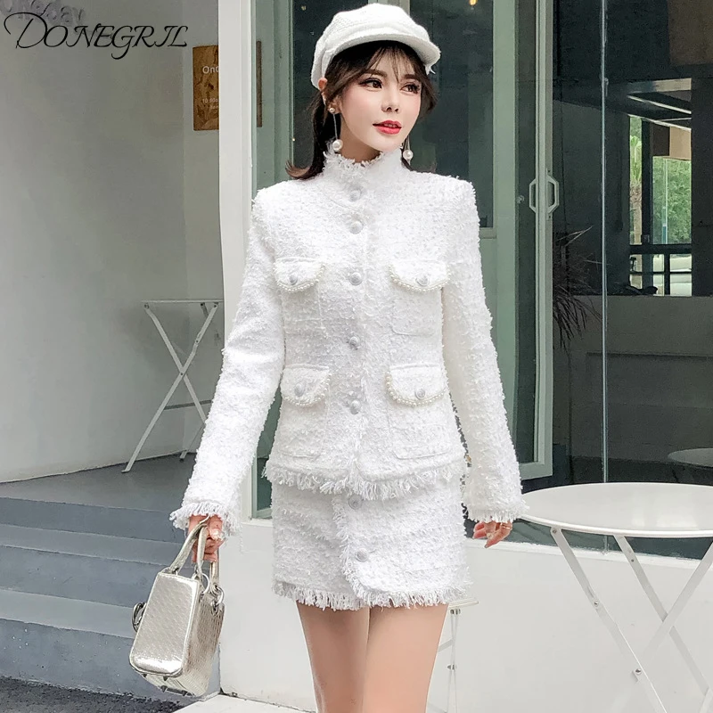 Высококачественный Женский твидовый комплект из 2 предметов Осень зима 2019