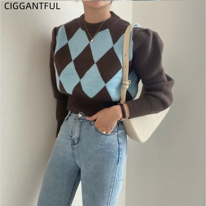 

Женский короткий вязаный свитер с контрастной ромбовидной решеткой; Коллекция 2021 года; Сезон осень-зима; Пуловер в стиле ретро; Базовый укор...