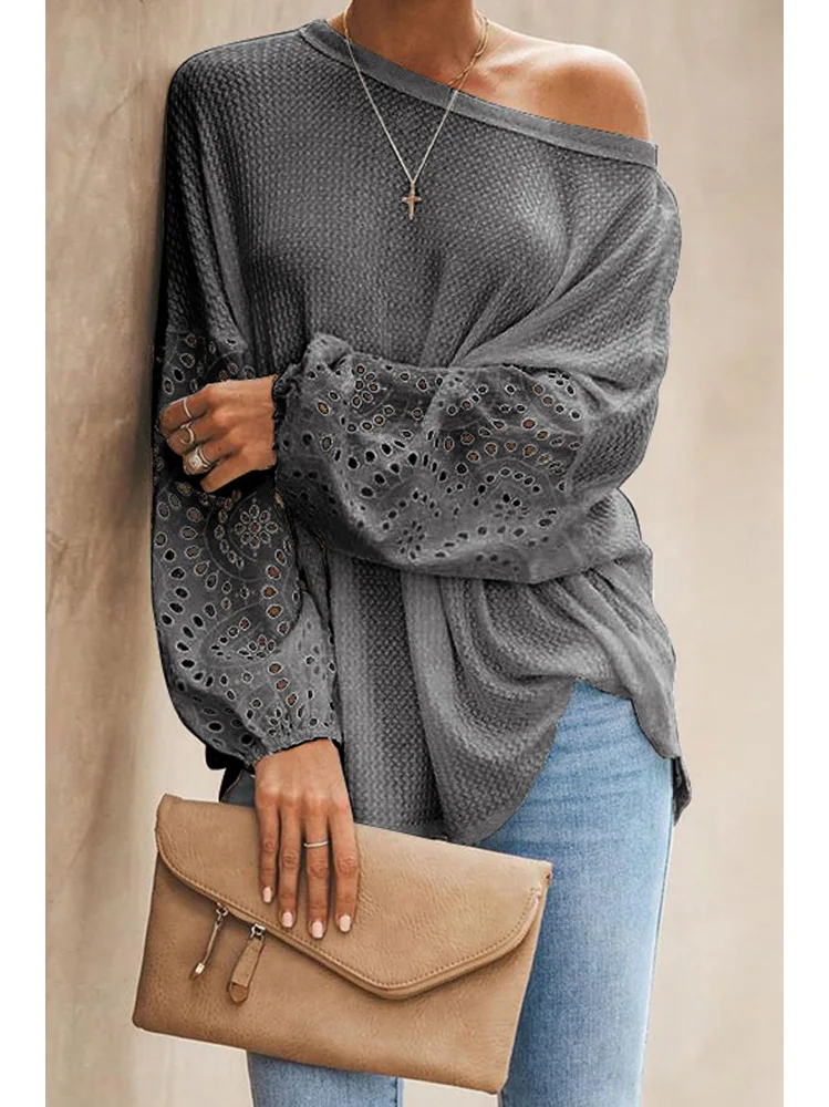 

Long Sleeve Knitting Pullovers Tops Patchwork Lace O Neck Casual Women Autumn Winter Fashion Loose Lady Street Sweater