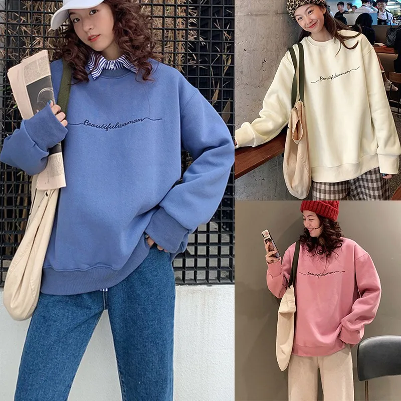 

Embroidery Letters Sweatshirt Autumn Winter Thick Warm Pullover Loose Long Sleeve Outwear Pink White Blue
