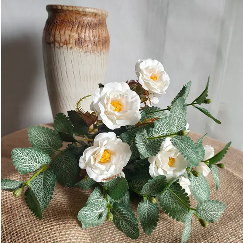 

14 Forks Camellia Mint Combination Flower Bouquet Silk Artificial Flowers Fake Plants Flores DIY Wedding Arrangements Home Decor