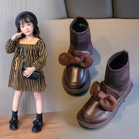 2021 winter kids bowknot leather ankle knitting boots thick bottom girl school uniform dress child flat metal toddler boots